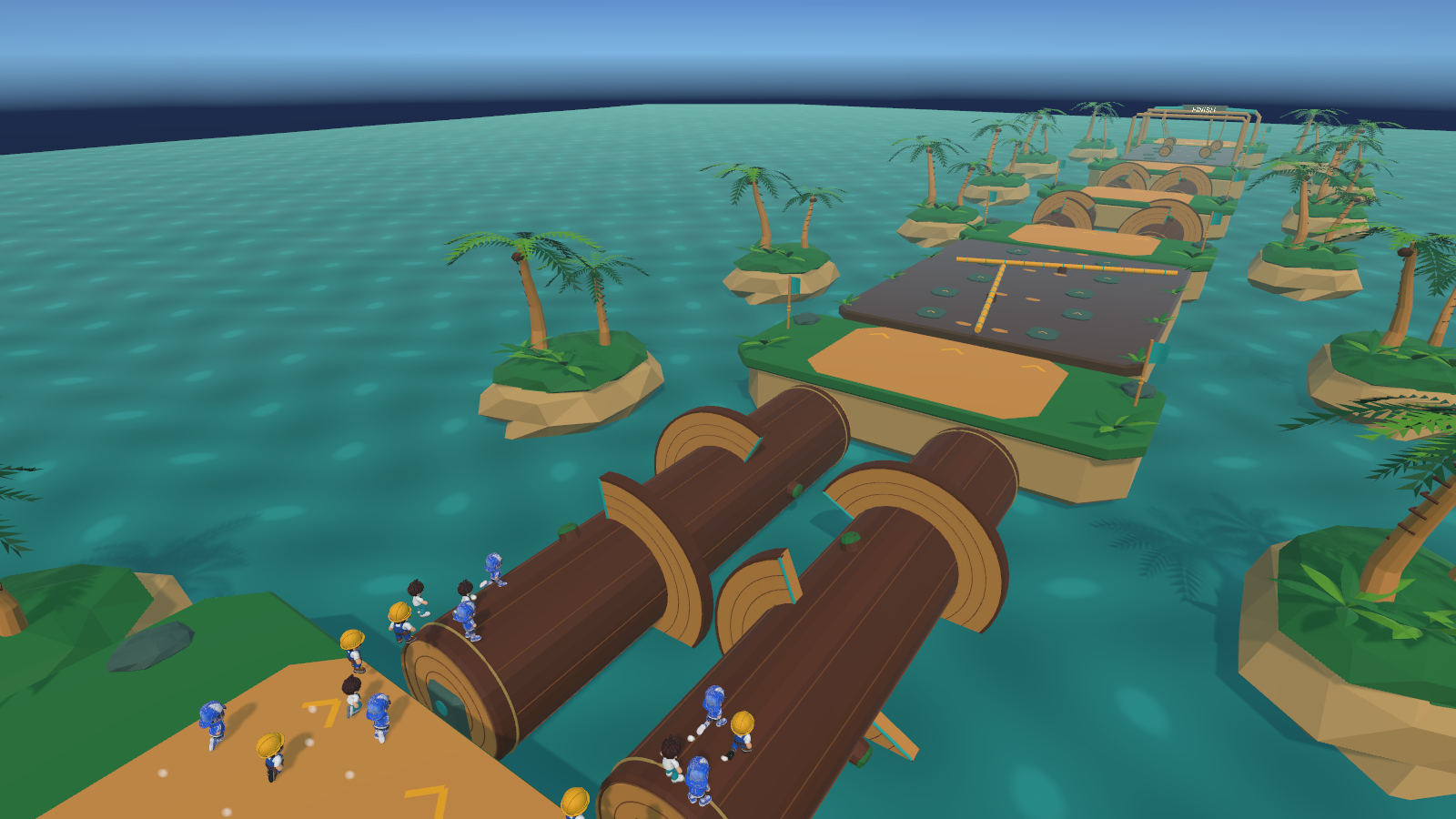 A colorful Tumble Rush obstacle course with rolling logs, stepping stones and jungle scenery